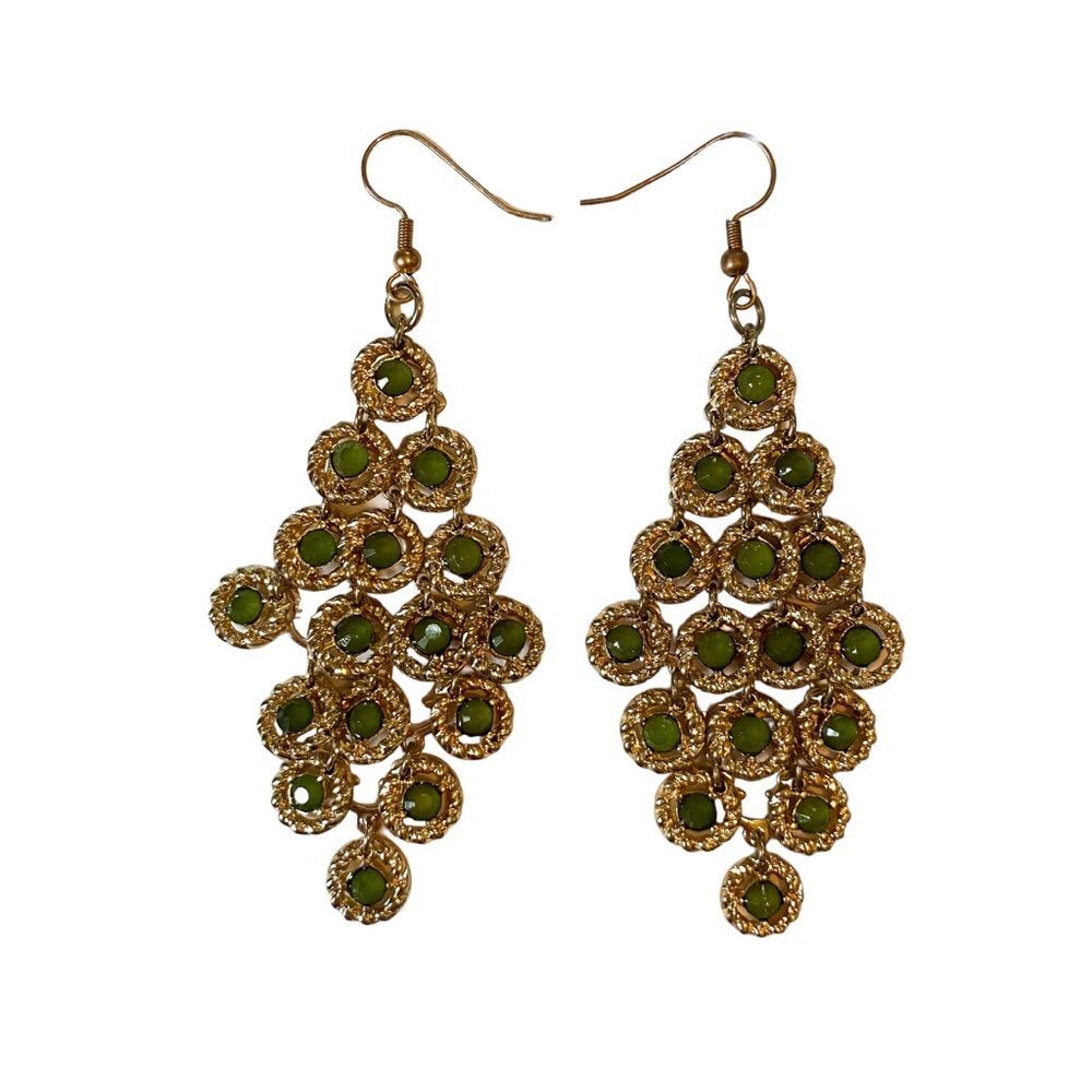 Handmade Women's Hypoallergenic Faux Gold Green Stone Dangle Hoop Earrings